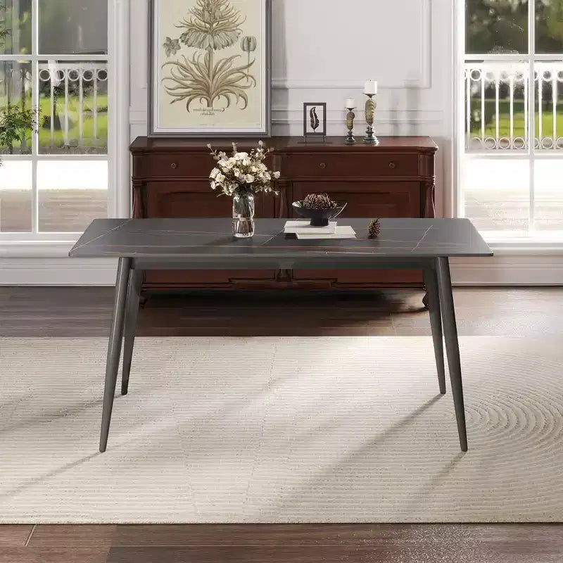 Table à manger moderne avec pied en métal pour 6 personnes, table de cuisine en pierre artificielle