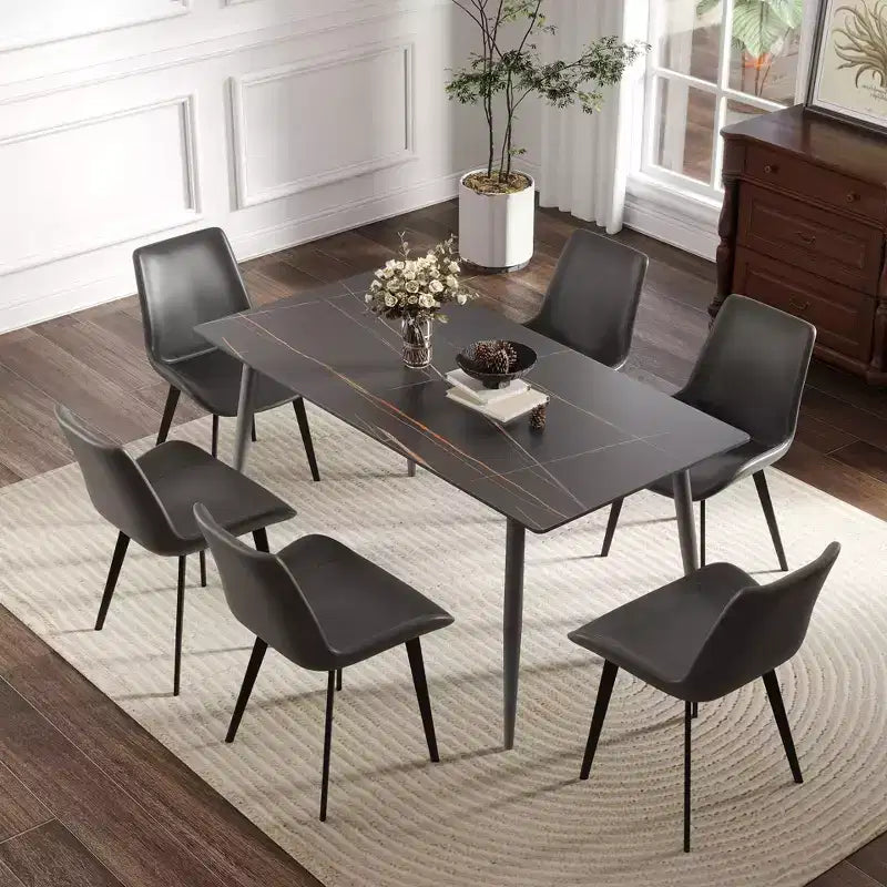 Table à manger moderne avec pied en métal pour 6 personnes, table de cuisine en pierre artificielle