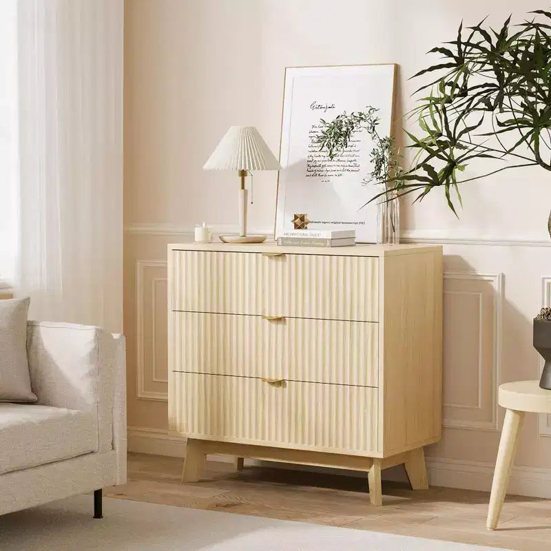 3 Drawer Dressers, Modern Fluted Closet Dressers Chest of Drawers, Wood Storage Dresser Chest of Drawers Organizer