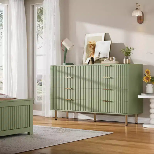 Commode de chambre à 8 tiroirs, commode moderne cannelée de 54 po de large