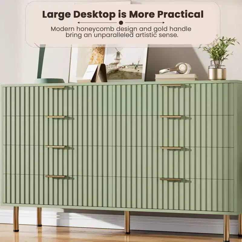 Commode de chambre à 8 tiroirs, commode moderne cannelée de 54 po de large