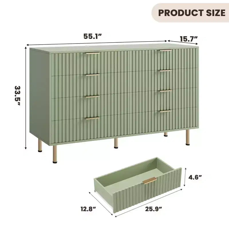 Commode de chambre à 8 tiroirs, commode moderne cannelée de 54 po de large