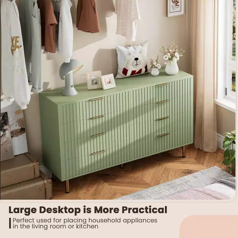 Commode de chambre à 8 tiroirs, commode moderne cannelée de 54 po de large