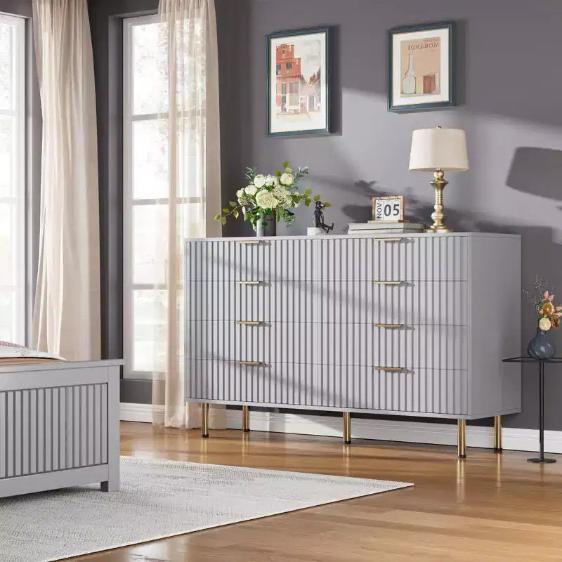 Commode de chambre à 8 tiroirs, commode moderne cannelée de 54 po de large