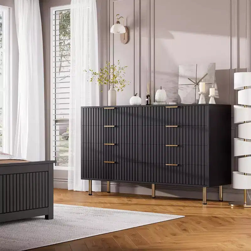 Commode de chambre à 8 tiroirs, commode moderne cannelée de 54 po de large