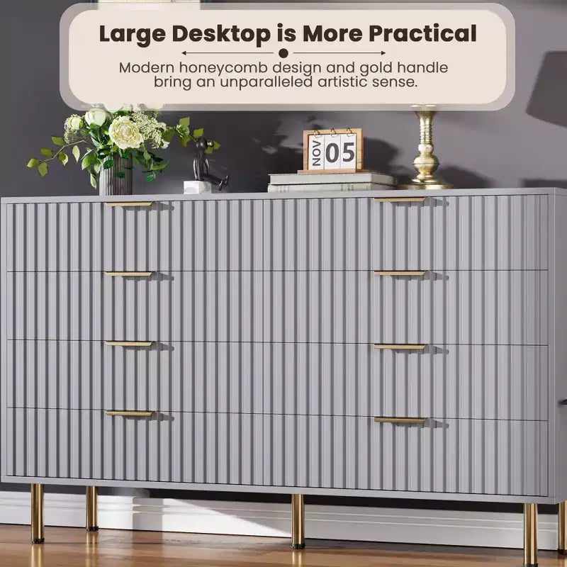 Commode de chambre à 8 tiroirs, commode moderne cannelée de 54 po de large