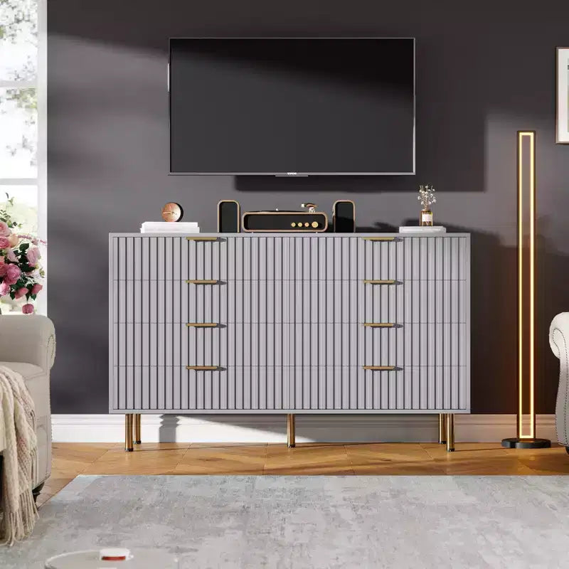 Commode de chambre à 8 tiroirs, commode moderne cannelée de 54 po de large