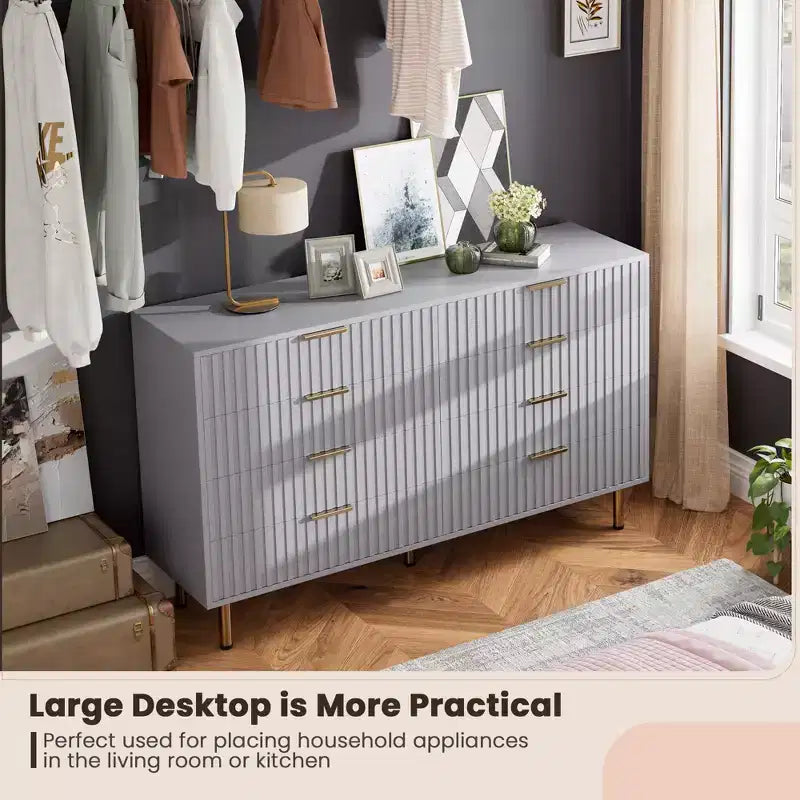 Commode de chambre à 8 tiroirs, commode moderne cannelée de 54 po de large