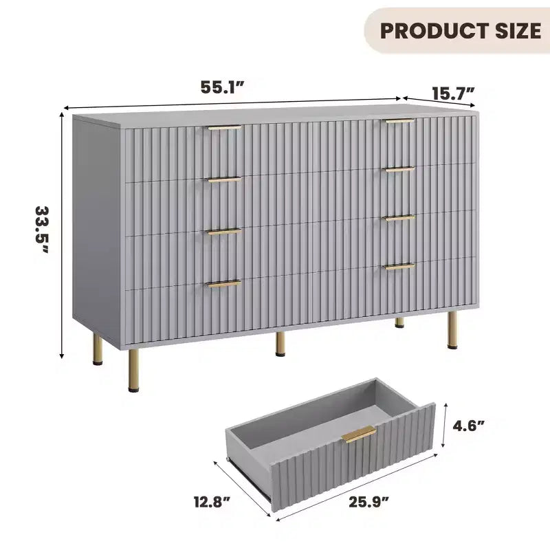 Commode de chambre à 8 tiroirs, commode moderne cannelée de 54 po de large