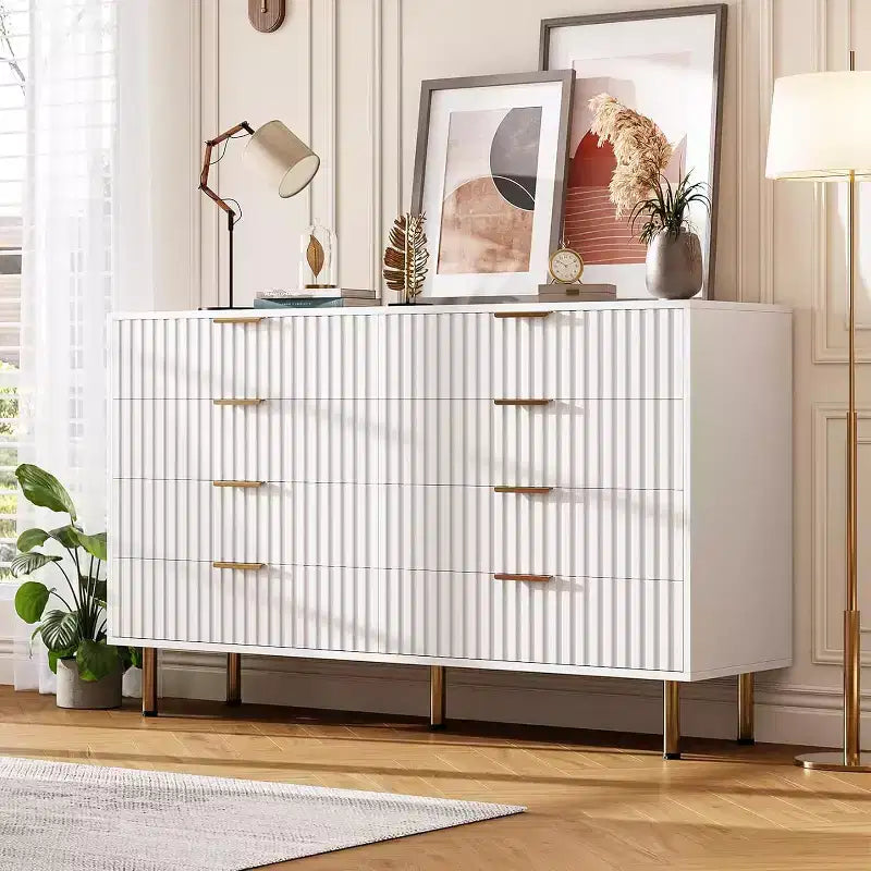 Commode de chambre à 8 tiroirs, commode moderne cannelée de 54 po de large