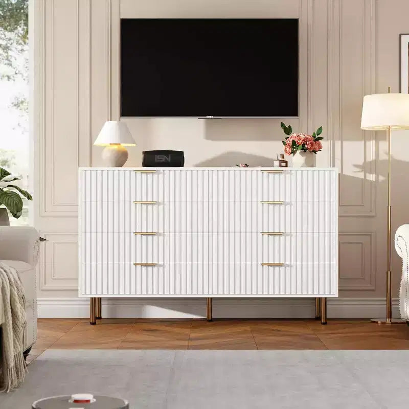 Commode de chambre à 8 tiroirs, commode moderne cannelée de 54 po de large