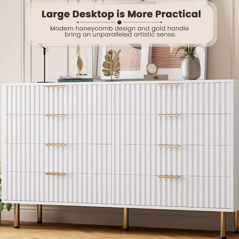 Commode de chambre à 8 tiroirs, commode moderne cannelée de 54 po de large