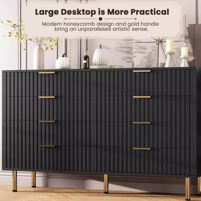 Commode de chambre à 8 tiroirs, commode moderne cannelée de 54 po de large