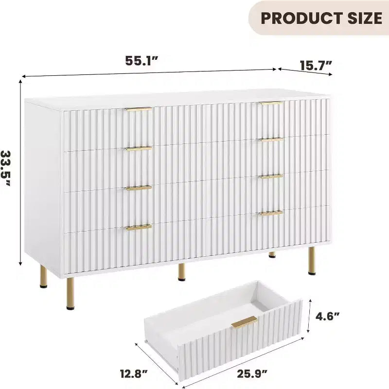 Commode de chambre à 8 tiroirs, commode moderne cannelée de 54 po de large