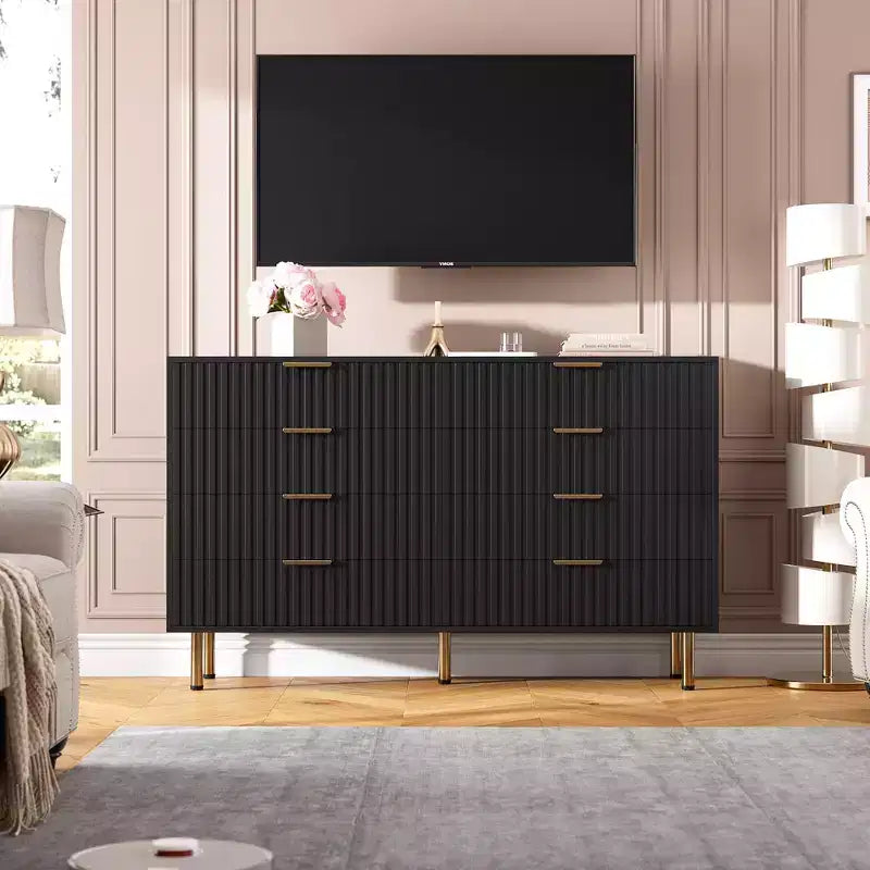 Commode de chambre à 8 tiroirs, commode moderne cannelée de 54 po de large