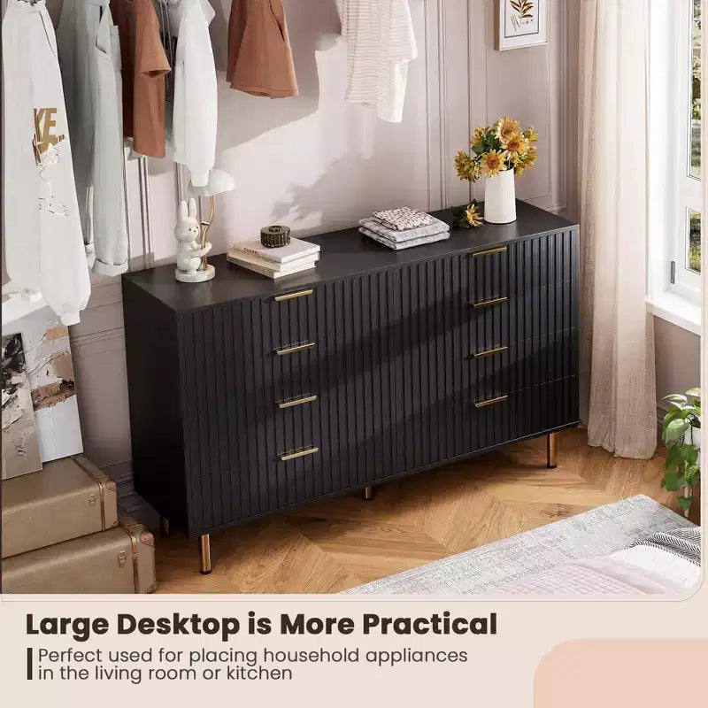 Commode de chambre à 8 tiroirs, commode moderne cannelée de 54 po de large