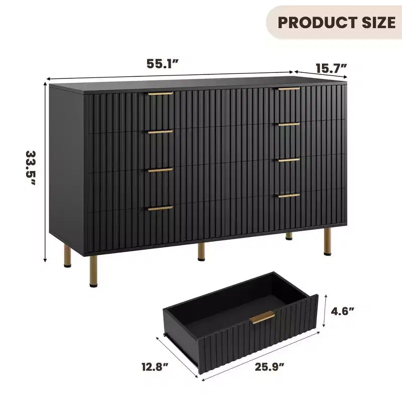 Commode de chambre à 8 tiroirs, commode moderne cannelée de 54 po de large