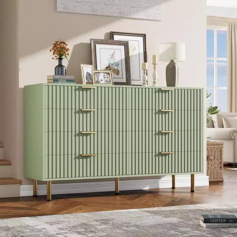 Commode de chambre à 8 tiroirs, commode moderne cannelée de 54 po de large