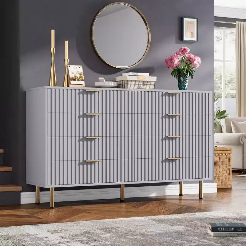 Commode de chambre à 8 tiroirs, commode moderne cannelée de 54 po de large