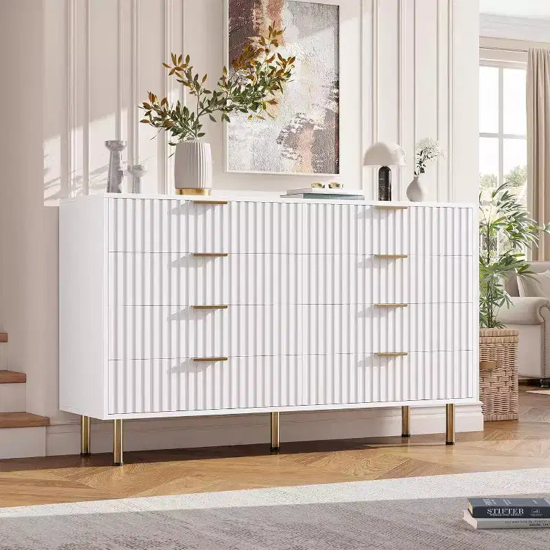 Commode de chambre à 8 tiroirs, commode moderne cannelée de 54 po de large