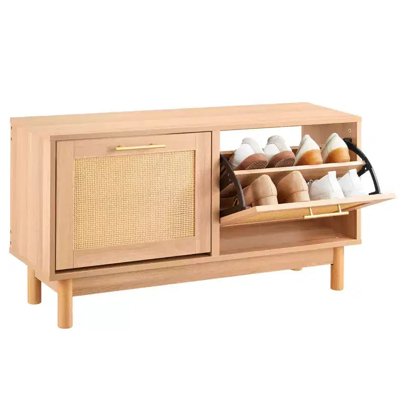 VEVOR Entryway Shoe Bench, 39.4 x 11.8 x 20.9 Inch Rattan-Like Shoes Bench with 2 Flip Drawers, 300lbs Shoe Storage Rack with 4 Compartments, Brown