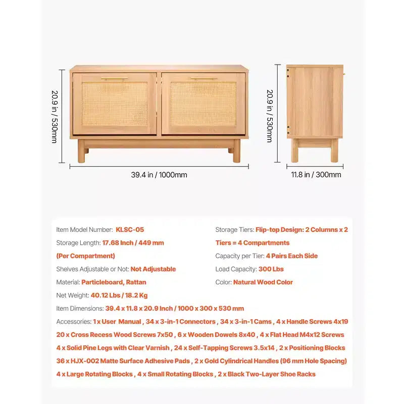 Banc à chaussures d'entrée, banc à chaussures effet rotin avec 2 tiroirs basculants