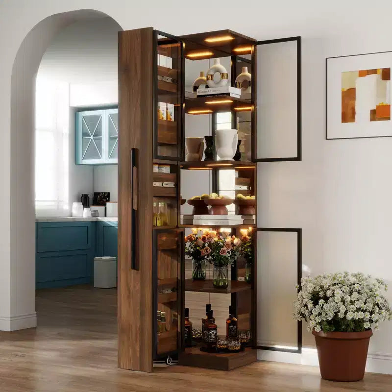 GDFStudio Genevieve Rustic Wooden 70 Display Cabinet with Glass Doors and Lights