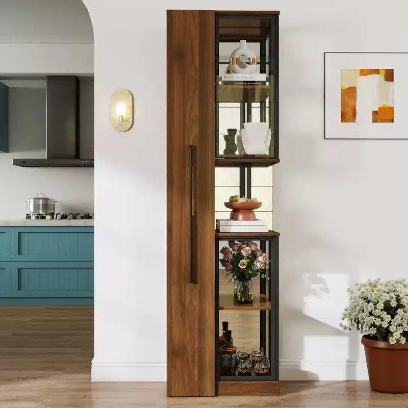 Vitrine rustique en bois 70 avec portes vitrées et lumières