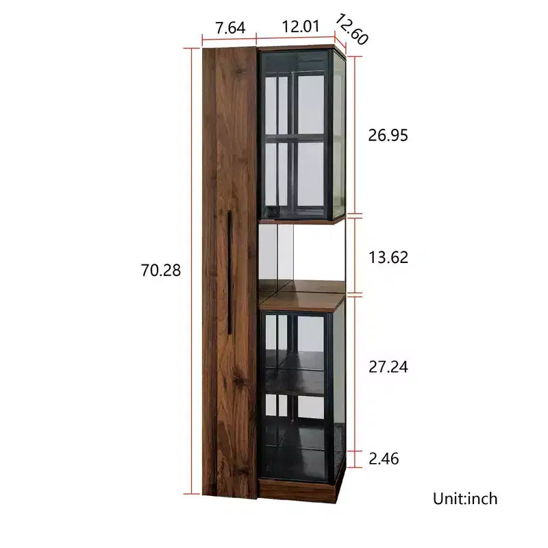 Vitrine rustique en bois 70 avec portes vitrées et lumières