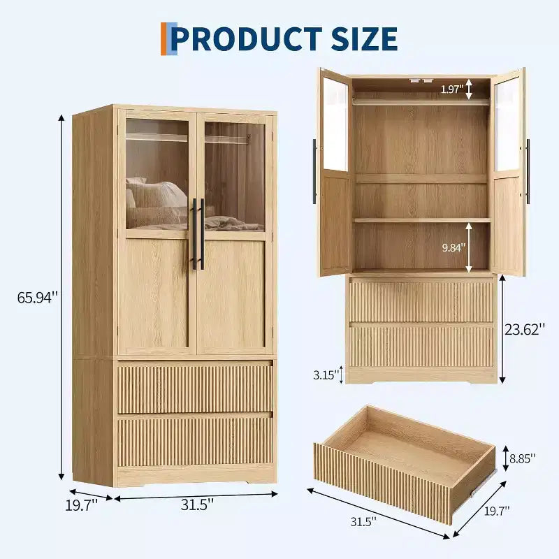 Armoire-penderie en bois naturel avec portes vitrées - 2 tiroirs et tringle de penderie