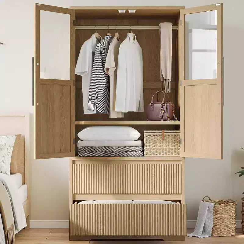 Armoire-penderie en bois naturel avec portes vitrées - 2 tiroirs et tringle de penderie
