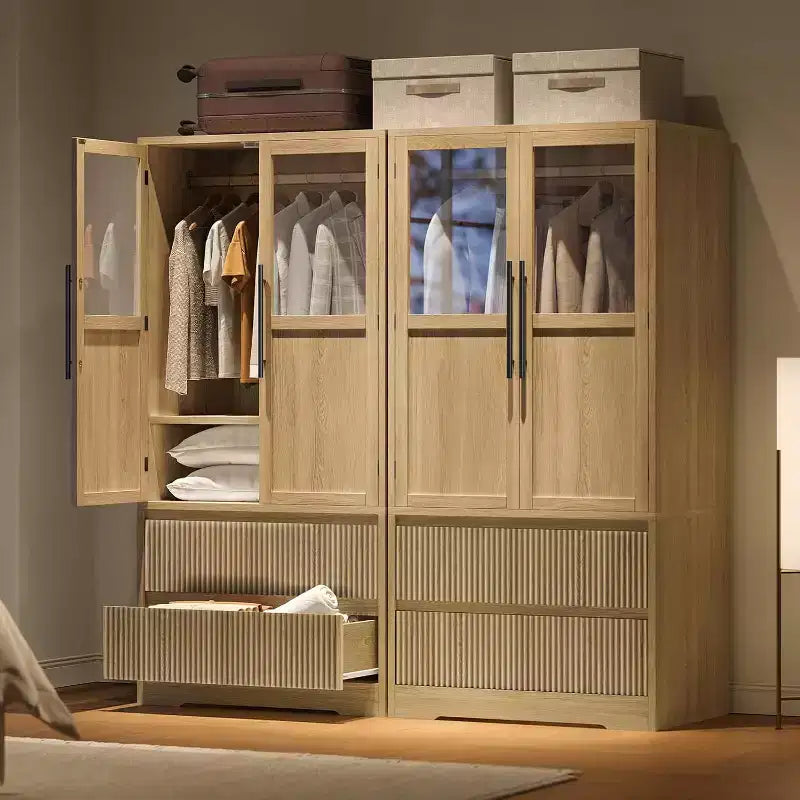 Armoire-penderie en bois naturel avec portes vitrées - 2 tiroirs et tringle de penderie