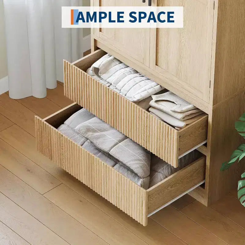Armoire-penderie en bois naturel avec portes vitrées - 2 tiroirs et tringle de penderie