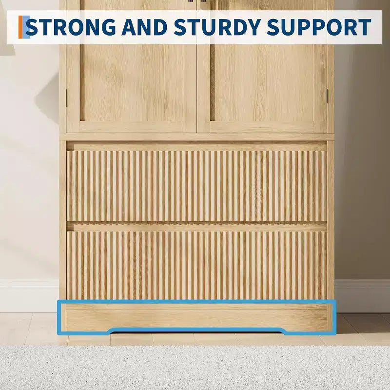 Armoire-penderie en bois naturel avec portes vitrées - 2 tiroirs et tringle de penderie
