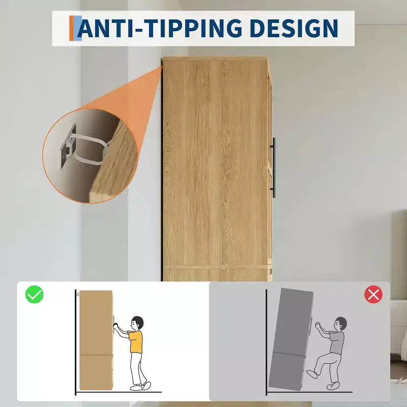Armoire-penderie en bois naturel avec portes vitrées - 2 tiroirs et tringle de penderie