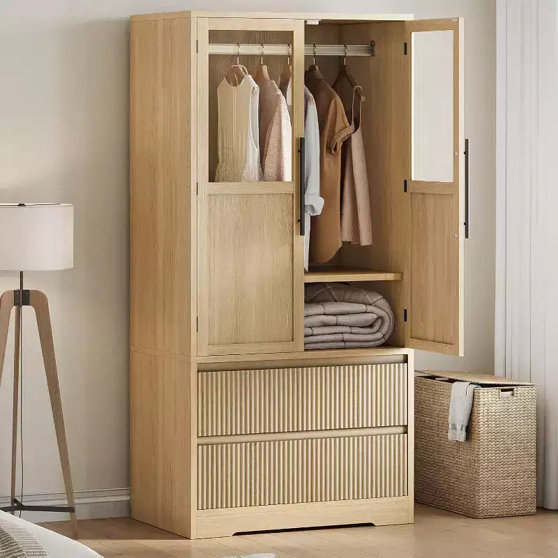 Natural Wood Armoire Wardrobe with Glass Doors - 2 Drawers & Hanging Rod - 31.5W x 65.9H - Freestanding Closet for Bedroom Storage