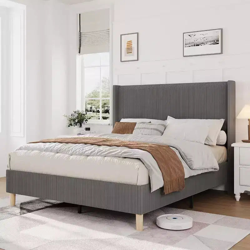 Acekool Full Size Upholstered Bed Frame, Corduroy Platform with Vertical Channel Tufted Wingback Headboard, Wood Slats, No Box Spring, Grey