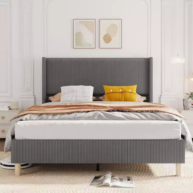 Cadre de lit rembourré grand format, plateforme en velours côtelé