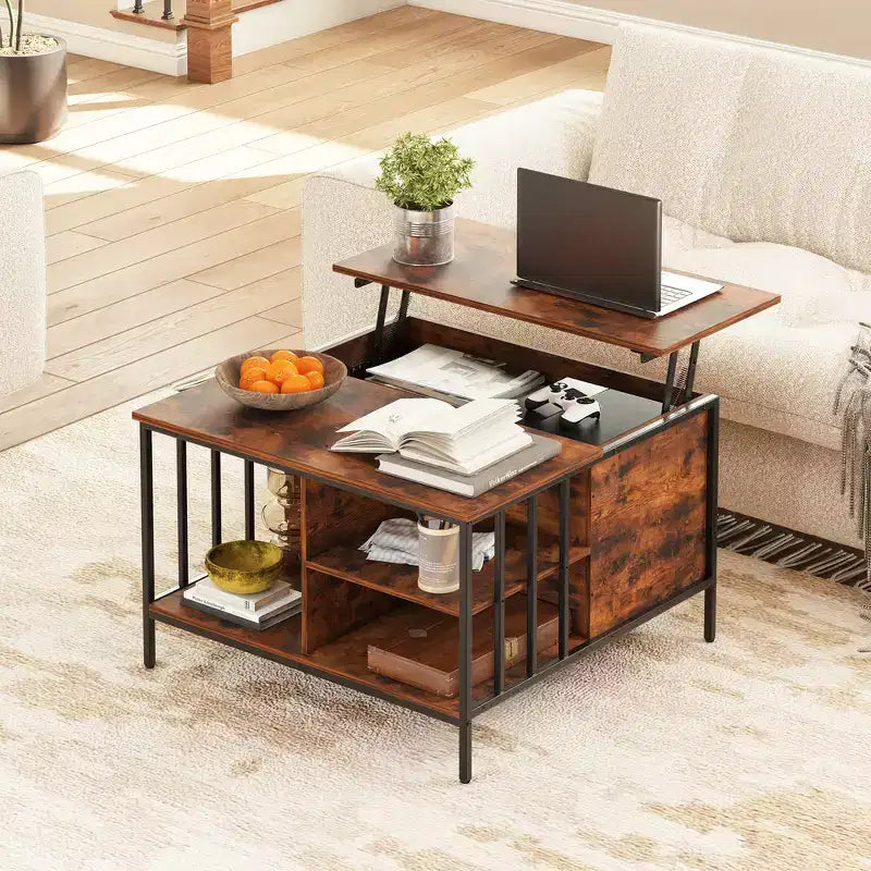 Zeus & Ruta 31.5 Farmhouse Lift-Top Coffee Table with Adjustable Height, Hidden Compartment & 3 Shelves for Living Room