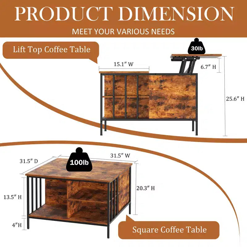 Table basse à plateau relevable de style ferme, hauteur réglable