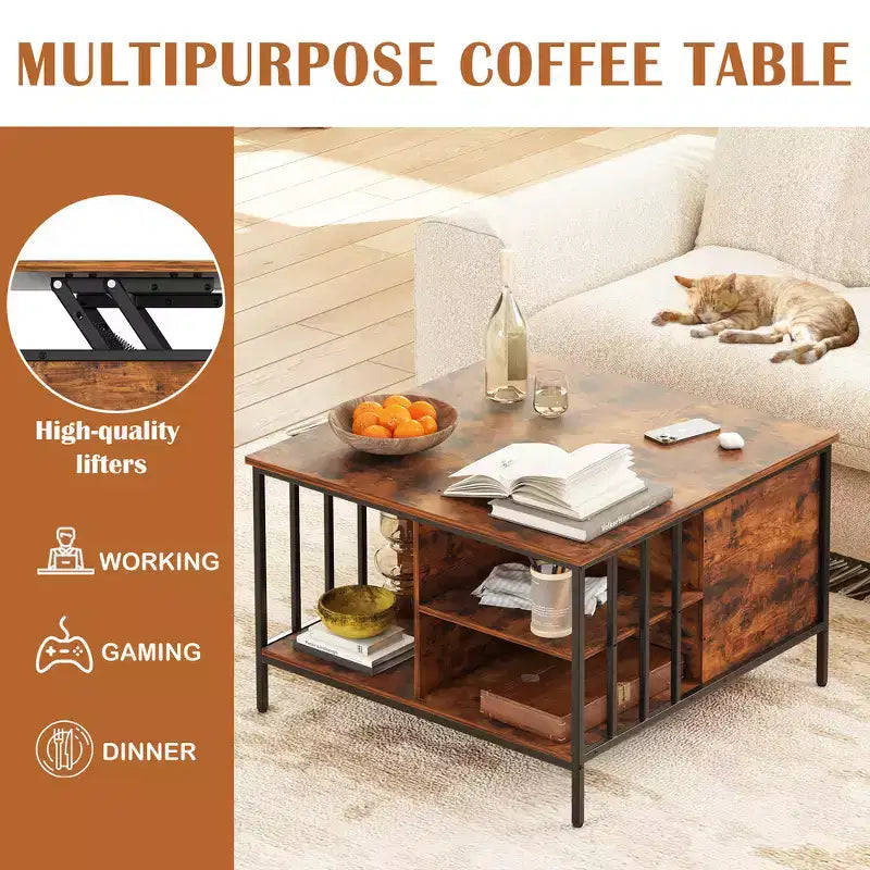 Table basse à plateau relevable de style ferme, hauteur réglable