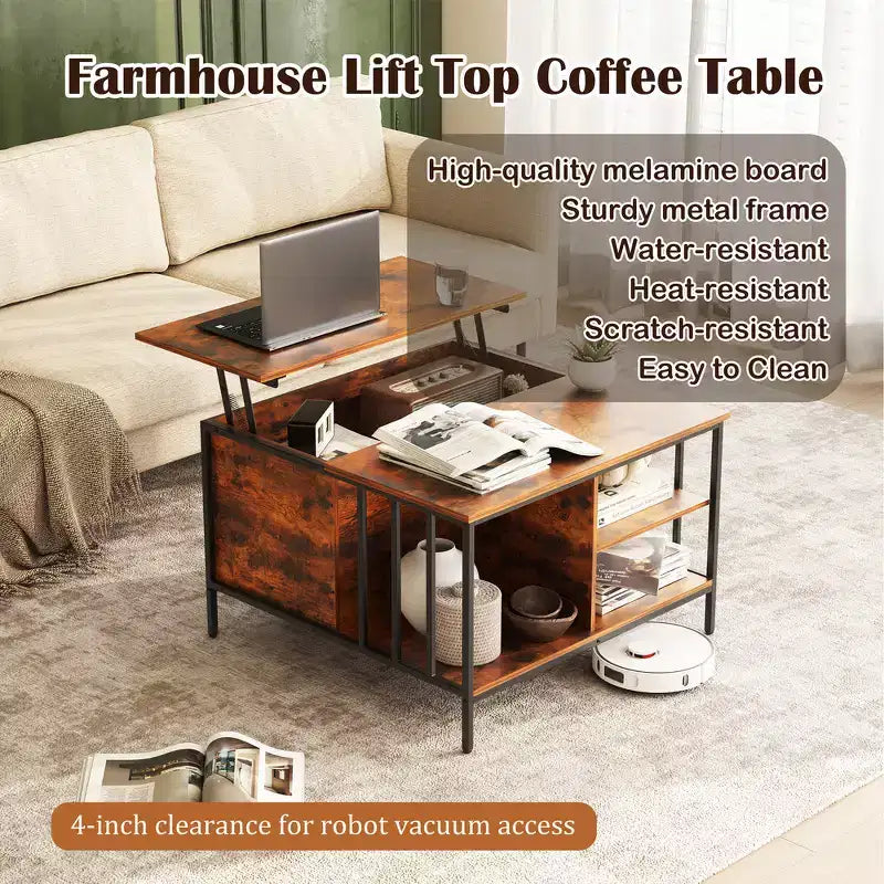Table basse à plateau relevable de style ferme, hauteur réglable