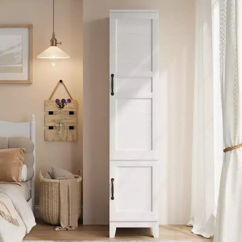 Armoire Wardrobe Closet with 2 Doors,72 Wooden Wardrobe Cabinet with Hanging Rod, Narrow Tall Armoire with 18 Adjustable Shelves for Bedroom