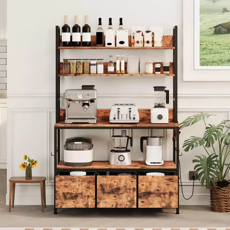 5-Tier Kitchen Bakers Rack with Charging Station & Drawers, Utility Shelves with Hooks for Kitchen, Independent baker's rack for Dining Room, Office
