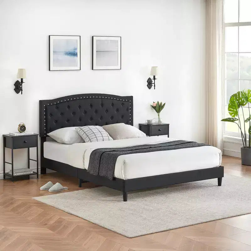 Full Size Upholstered Bed Frame with Adjustable Headboard Button-Tufted Wing Back Headboard