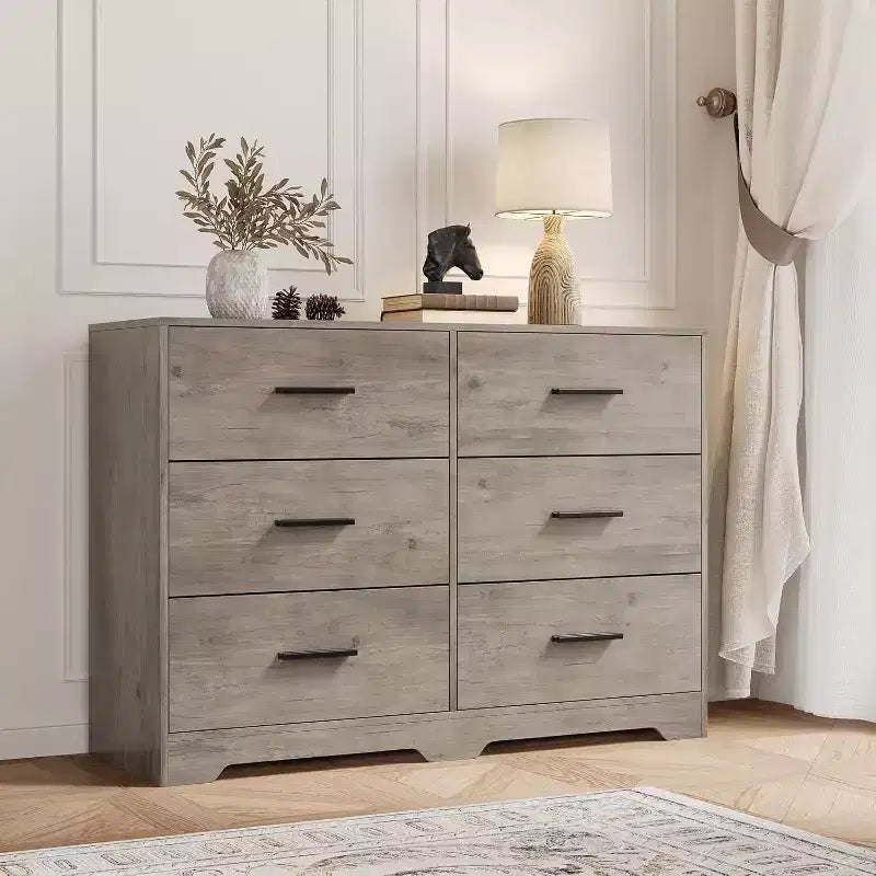 Commode à 6 tiroirs, commode moderne avec poignées métalliques, meuble TV en bois