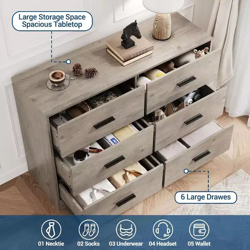 Commode à 6 tiroirs, commode moderne avec poignées métalliques, meuble TV en bois