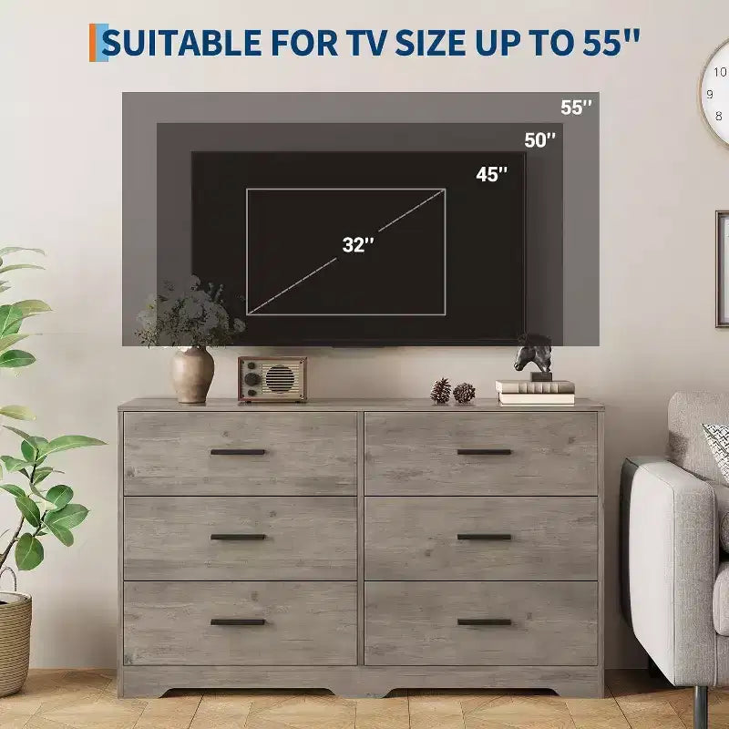 Commode à 6 tiroirs, commode moderne avec poignées métalliques, meuble TV en bois