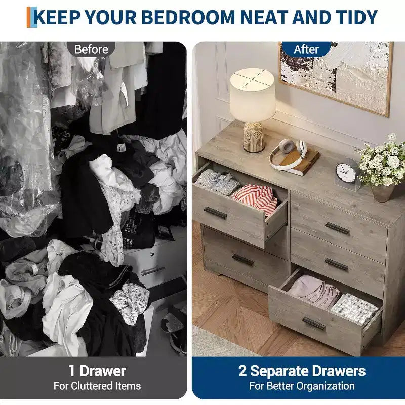 Commode à 6 tiroirs, commode moderne avec poignées métalliques, meuble TV en bois