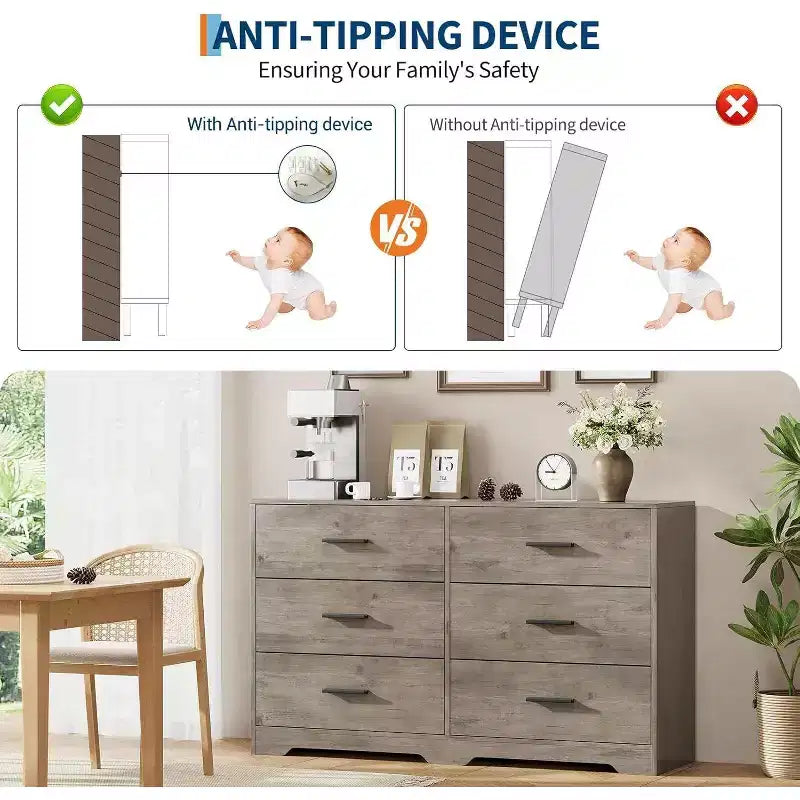 Commode à 6 tiroirs, commode moderne avec poignées métalliques, meuble TV en bois
